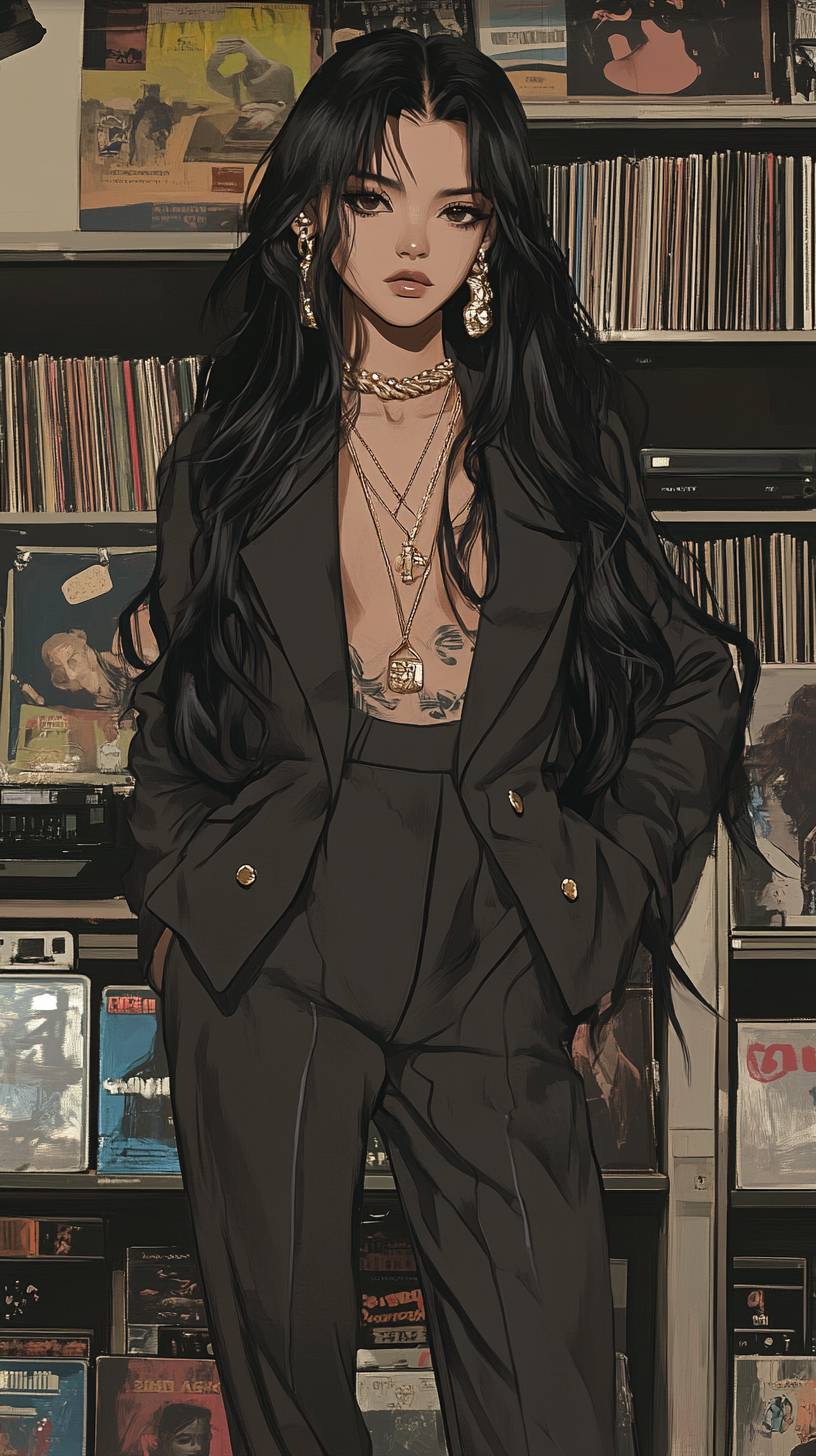 Um personagem de anime usando um terno vintage da Chanel com botas de combate e cabelo longo e escuro em uma cena de loja de discos.