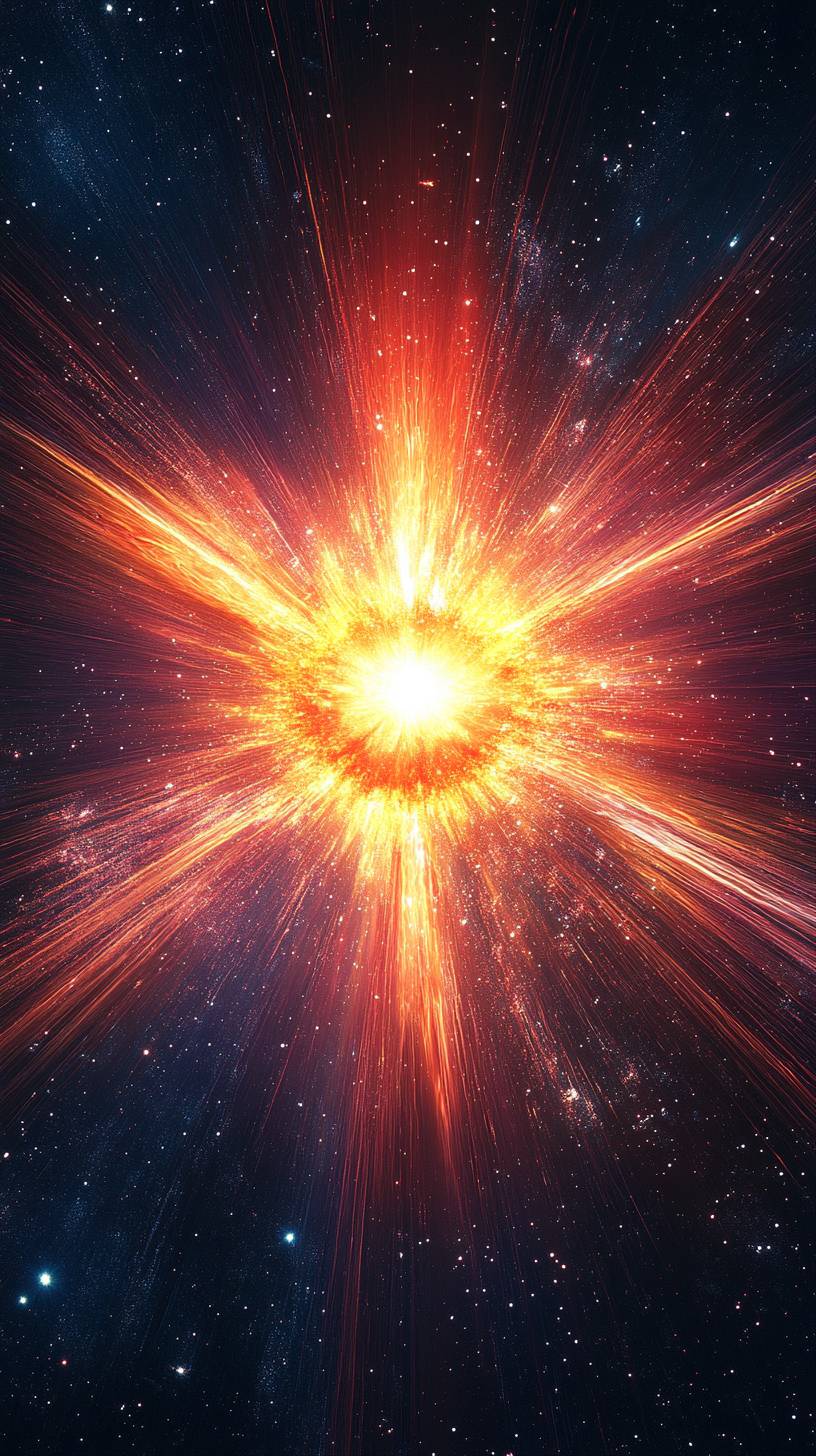 The supernova explosion produces cosmic rays and vibrant energy waves, marking the birth of stars.