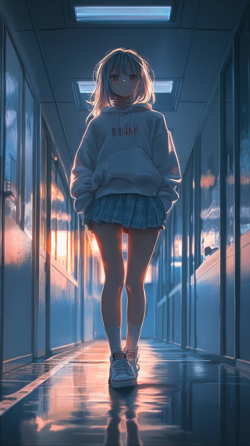 A girl in NewJeans Hanni style wearing an oversized Dior sweater, tennis skirt, and white sneakers, set against a school corridor background.