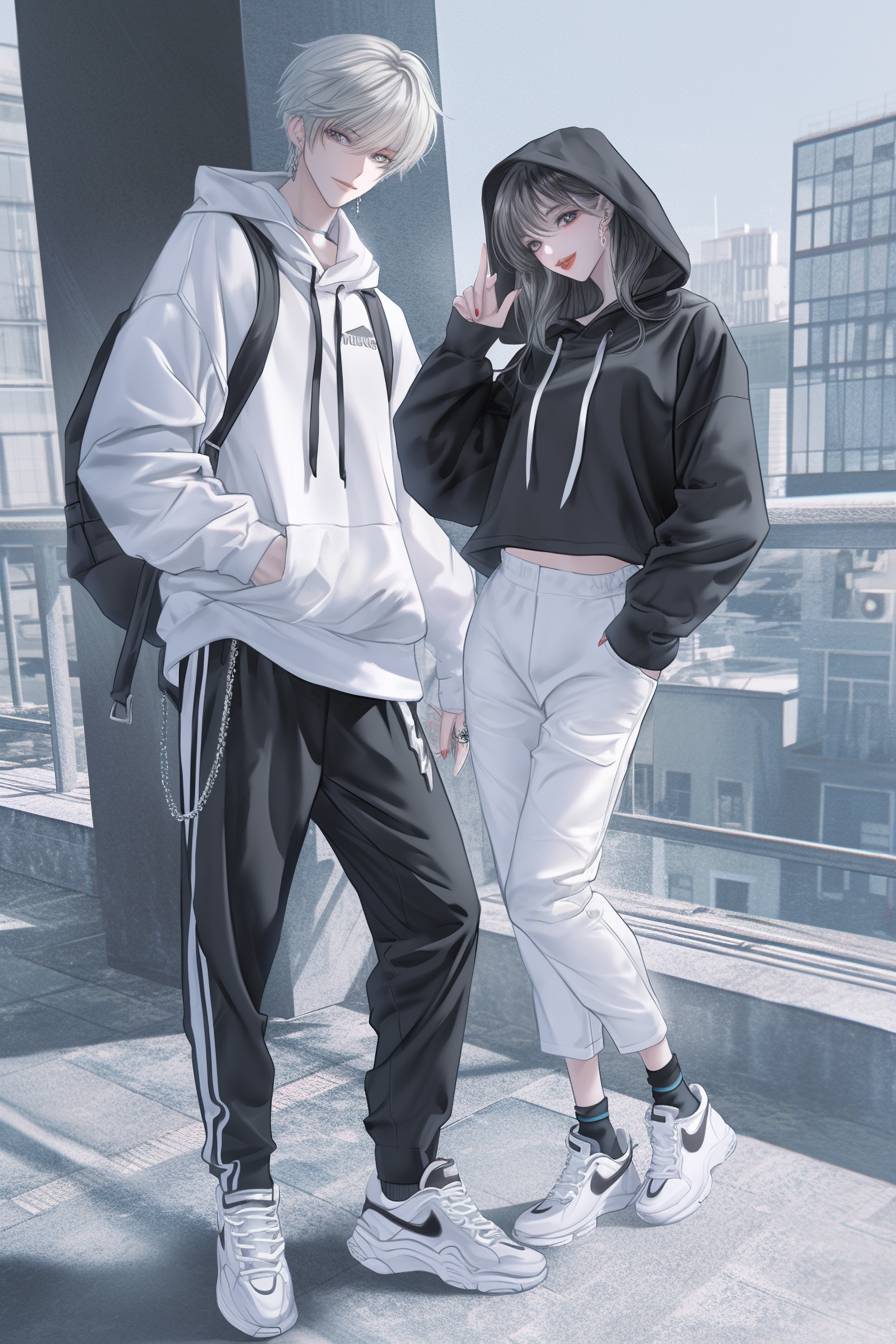 A couple in matching black and white outfits enjoys a day out in the city.