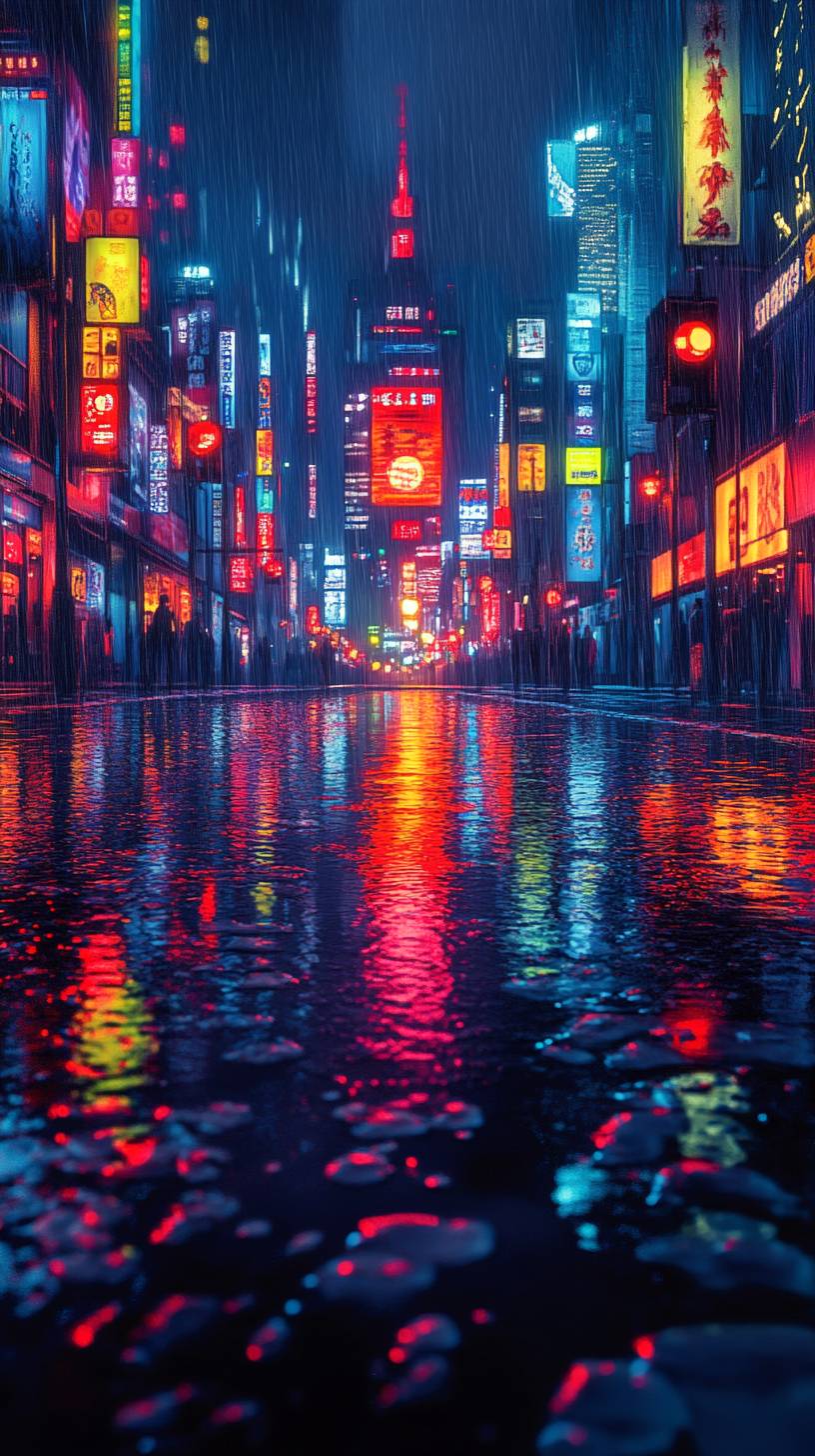 A vibrant city street at night with neon signs reflecting on wet pavement, bustling urban atmosphere.