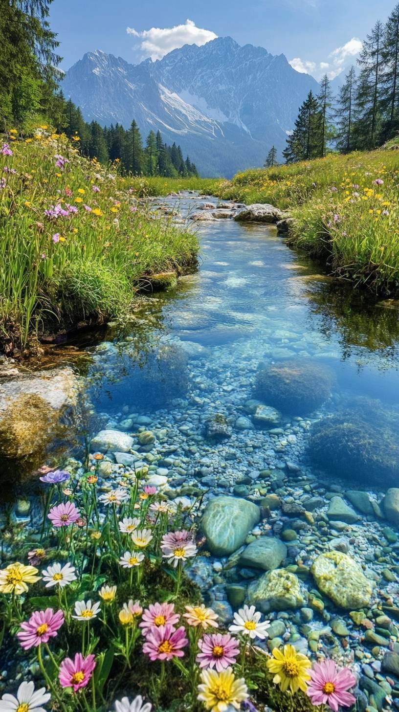 Arroyo de pradera de montaña, orillas llenas de flores silvestres y agua clara en pura naturaleza