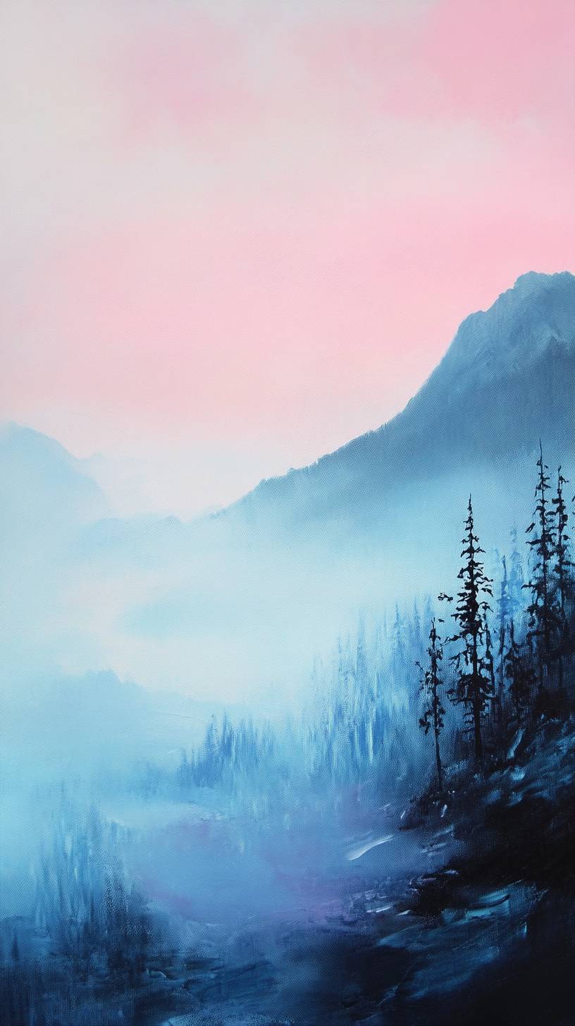 A subtle mountain silhouette surrounded by soft mist, featuring pale blue and pink hues in a peaceful dawn scene.