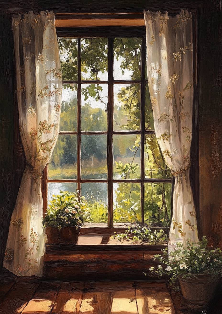 Soft light streams through sheer curtains into a cottage window, creating a peaceful vibe.