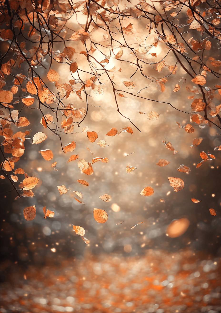 Douces feuilles d'automne tombant, teintes dorées et ambrées dans un paysage tranquille