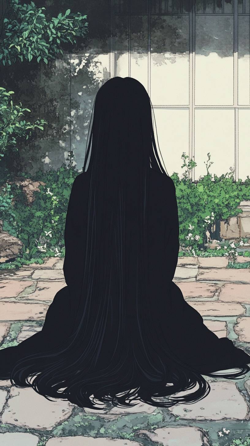 A girl in elegant Japanese designer wear with long black hair in a zen garden.