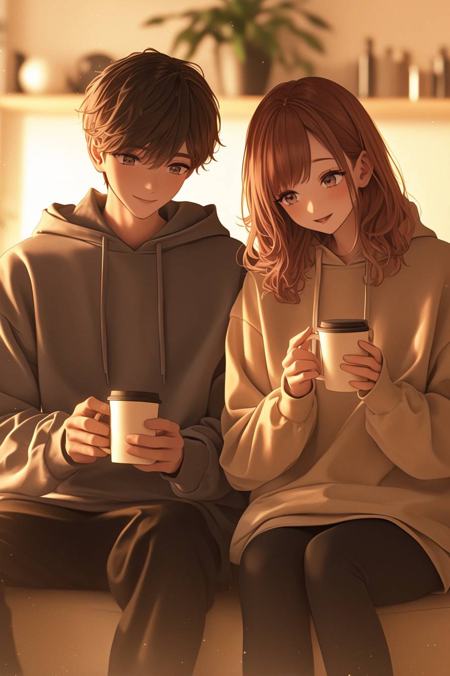 Una pareja de anime CG realista con sudaderas y pantalones cómodos a juego disfruta de una noche tranquila juntos.