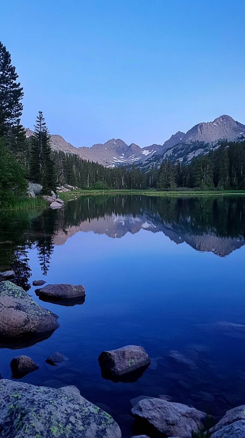 Lac de montagne à l'heure bleue avec un reflet parfait et des sommets lointains dans un air tranquille.