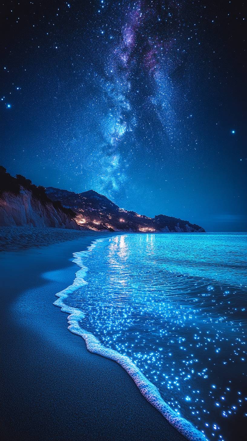 Um vasto oceano brilhante com ondas bioluminescentes cintilantes em tons de azul e verde, uma costa de areia cristalina e um céu cheio de nebulosas giratórias e estrelas distantes.