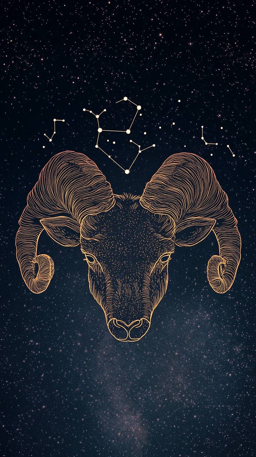 Un symbole des cornes du bélier d'Aries, contourné en or, placé contre un ciel étoilé avec des constellations faibles en arrière-plan.