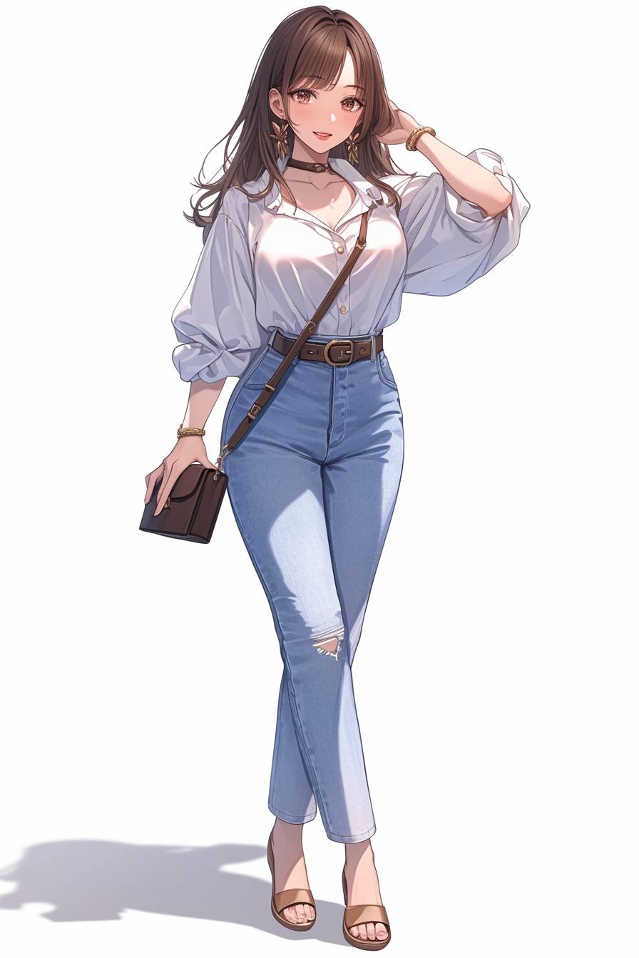 Uma garota de anime realista em CG usa uma camisa branca solta colocada em jeans azul de cintura alta, acessorizada com um cinto marrom, sandálias de couro, uma bolsa de couro cruzada e pulseiras de ouro.