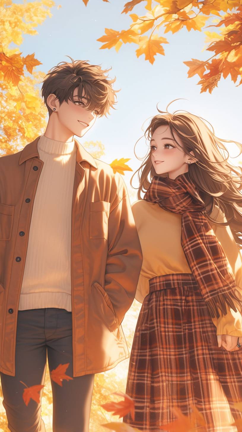 A couple in coordinated fall outfits: he wears a plaid shirt and brown corduroy jacket, while she dons a matching plaid scarf and oversized knit sweater, enjoying a walk in autumn leaves.