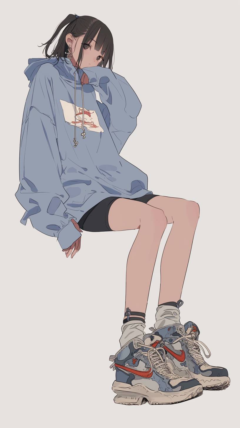 A girl wearing a Balenciaga oversized hoodie, cycling shorts, and chunky sneakers showcasing streetwear style.