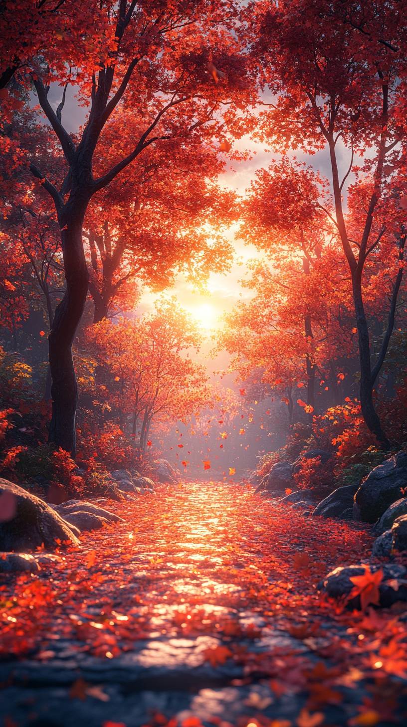 High-quality smartphone wallpaper, 8K ultra HD, vibrant autumn forest with warm orange, red, and yellow leaves and sunlight filtering through trees.