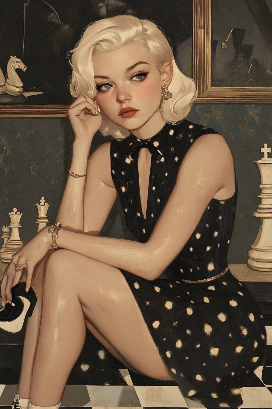 A girl in Anya Taylor-Joy style wears a vintage glamour dress and classic heels, with platinum blonde hair at chess club.