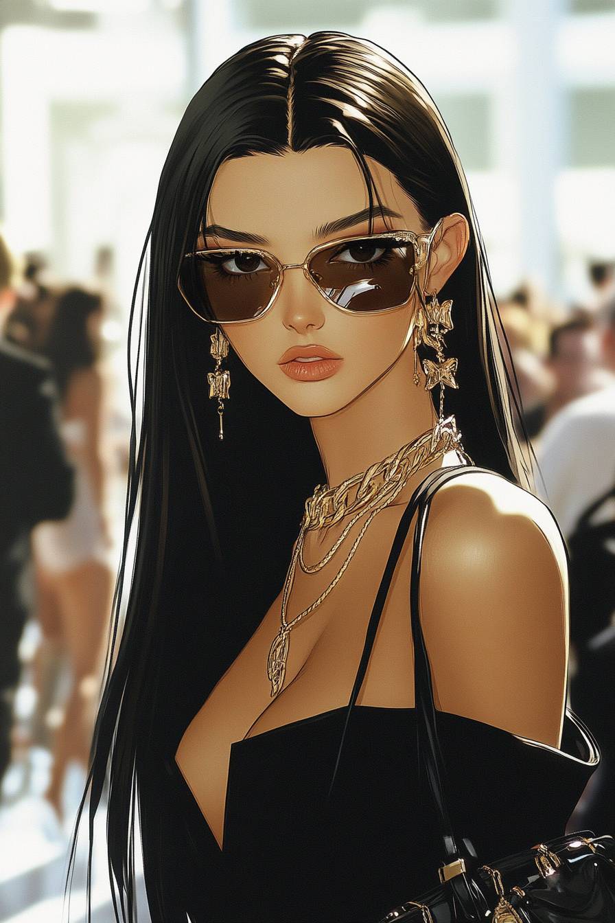 Estilo de Kendall Jenner, estilo de anime, look de modelo fuera de servicio, bolso de diseñador, cabello liso y recto, fondo de paparazzi.