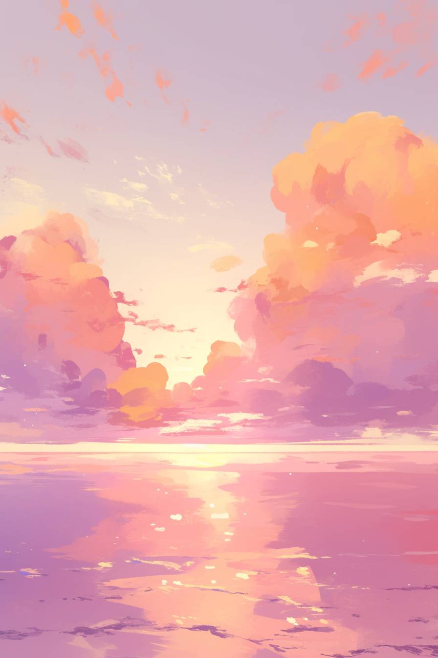 Soft orange, pink, and purple gradient sky with a calming ocean horizon.