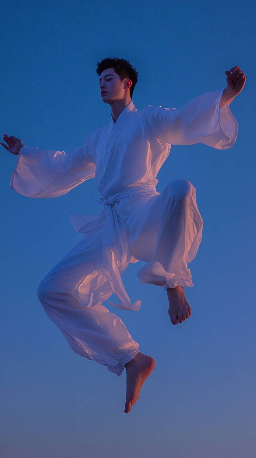 Capture the dynamic essence of a young Chinese metrosexual against a twilight sky.