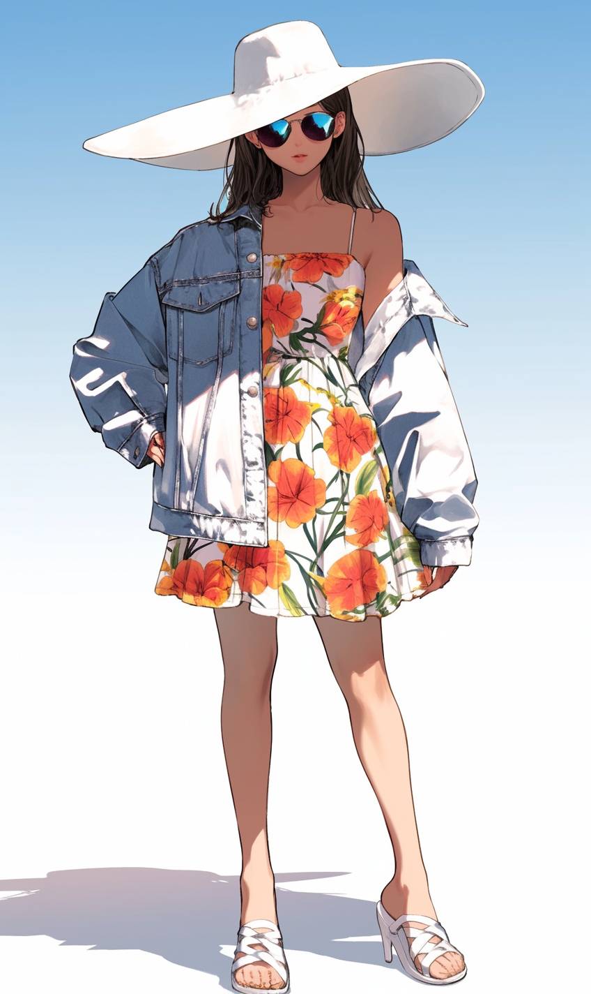 Une fille d'anime réaliste en CG portant une robe d'été florale vive, associée à une veste en denim blanche et des sandales, avec un grand chapeau de plage et des lunettes de soleil surdimensionnées pour un look prêt pour les vacances.