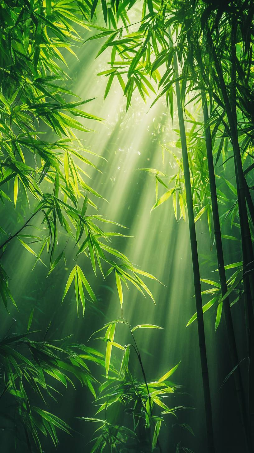 Bamboo grove in morning mist, soft green light, zen atmosphere, peaceful nature