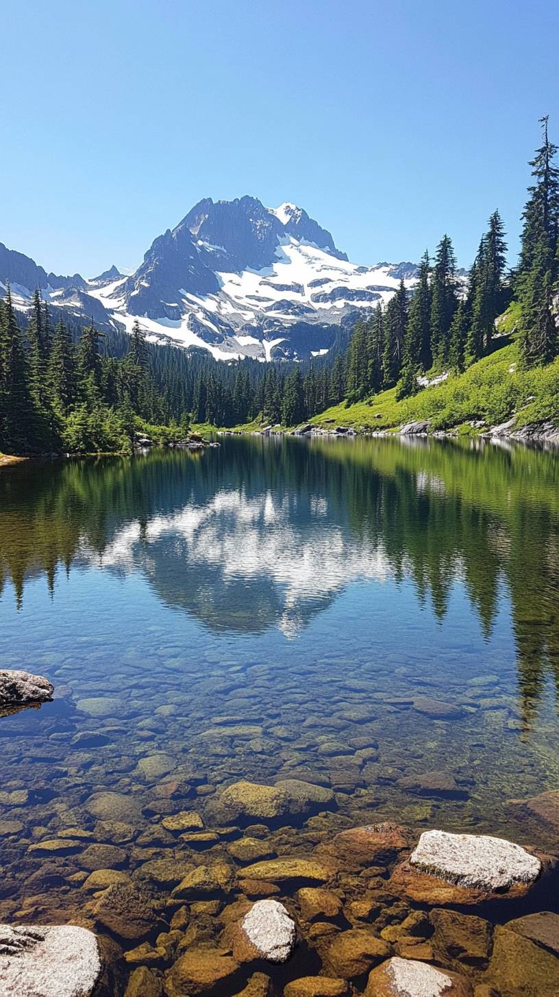 The alpine lake reflects the majestic snow-capped peaks and clear water.