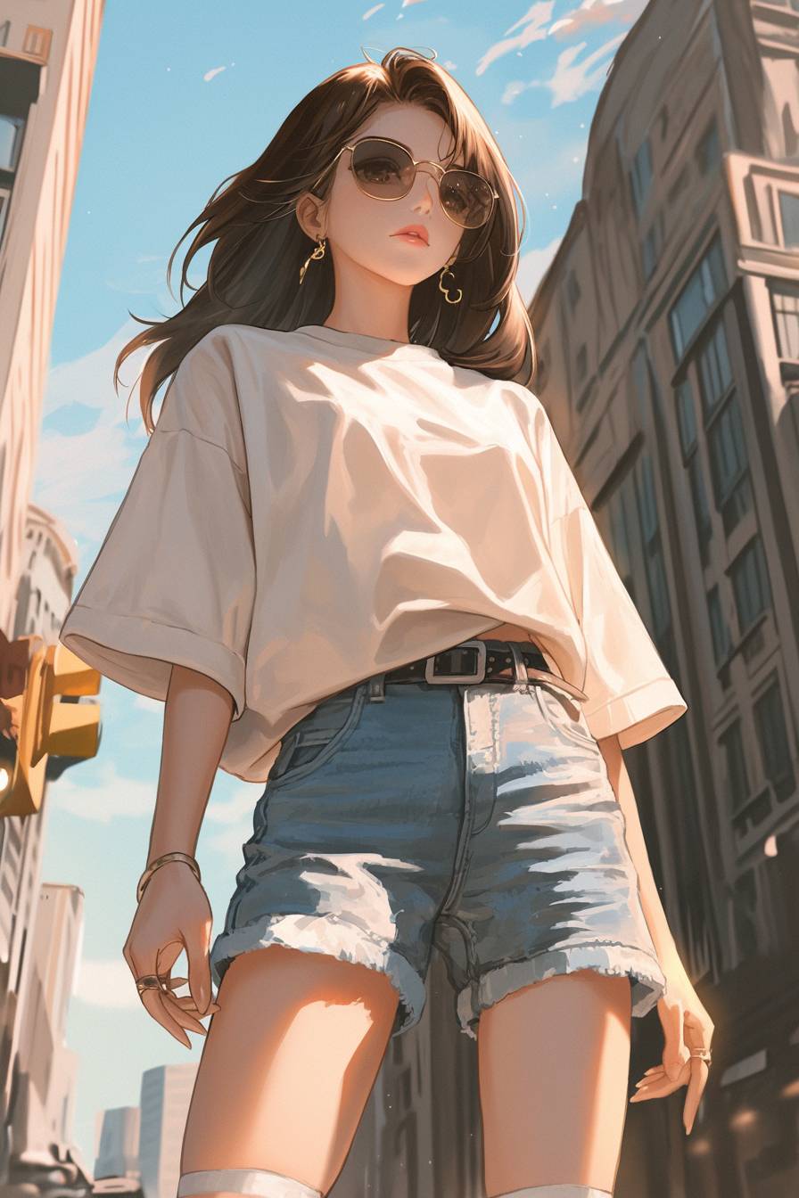 Uma garota de desenho animado vestindo uma camiseta branca casual, shorts de denim claros e óculos de sol grandes caminha confiantemente pela cidade.