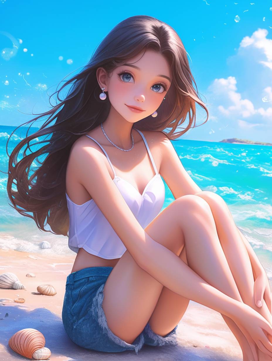 A 20-year-old Asian girl in a white vest and denim shorts sitting on the sunny beach.