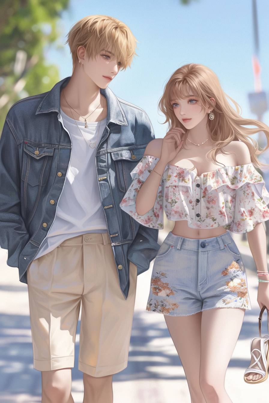 Una pareja de anime disfruta de una tarde soleada en el parque; él lleva una chaqueta de mezclilla clara y pantalones cortos beige, y ella una blusa floral y pantalones cortos de cintura alta.