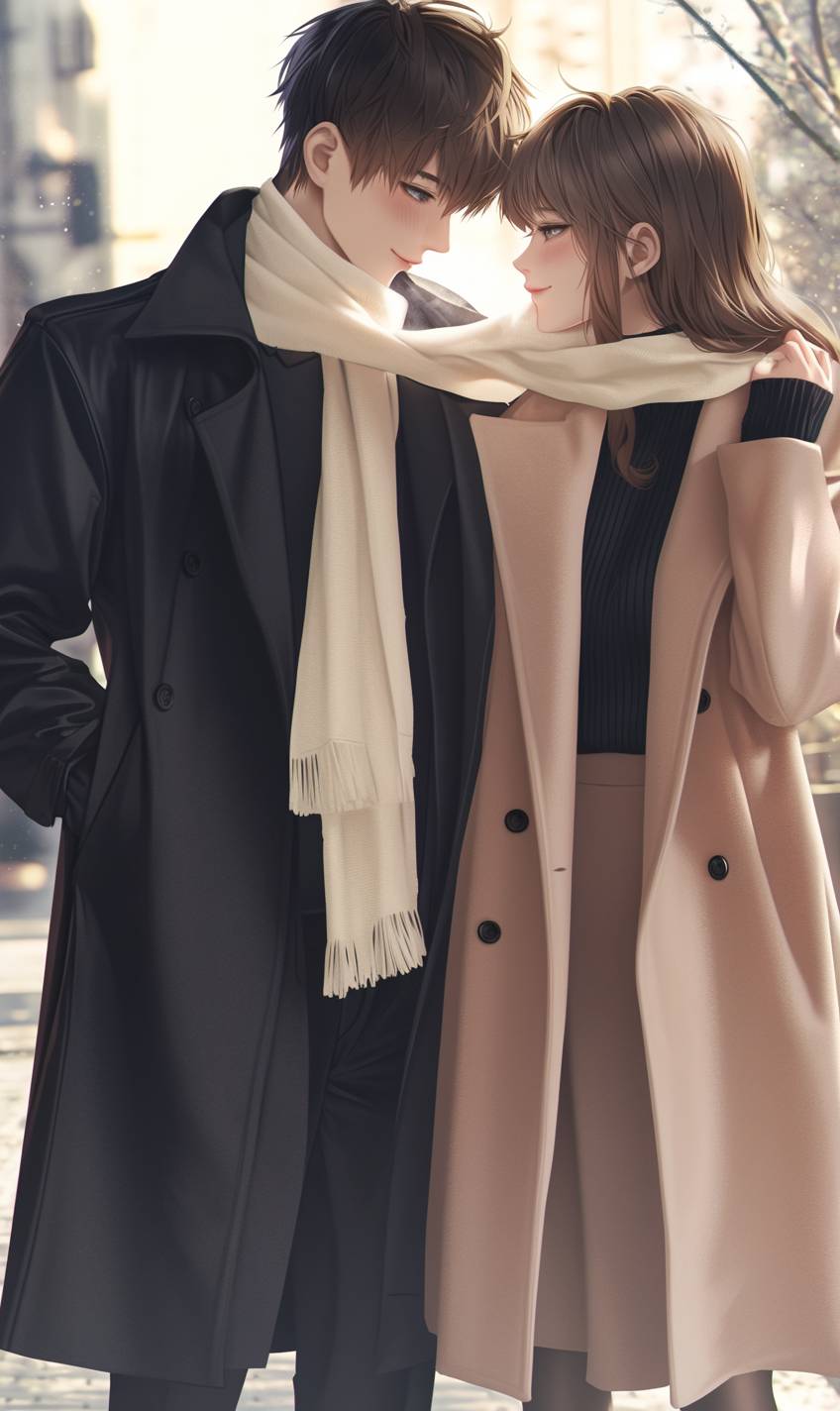 Um casal em estilo anime em um dia de inverno: ele veste um trench coat preto e ela um casaco de lã bege com cachecóis combinando.