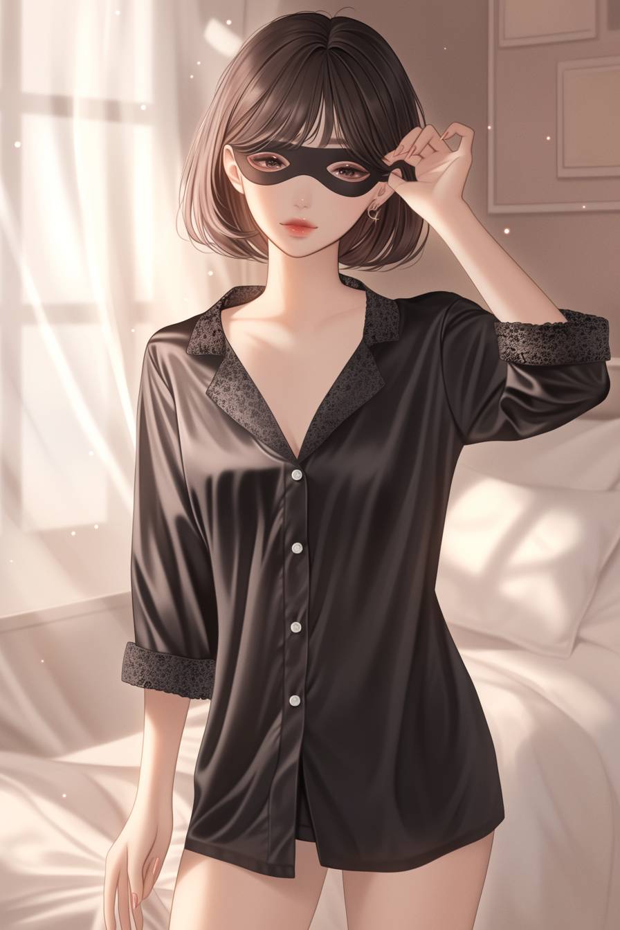 A girl wearing Chanel silk pajamas and a designer eye mask strikes an elegant pose.