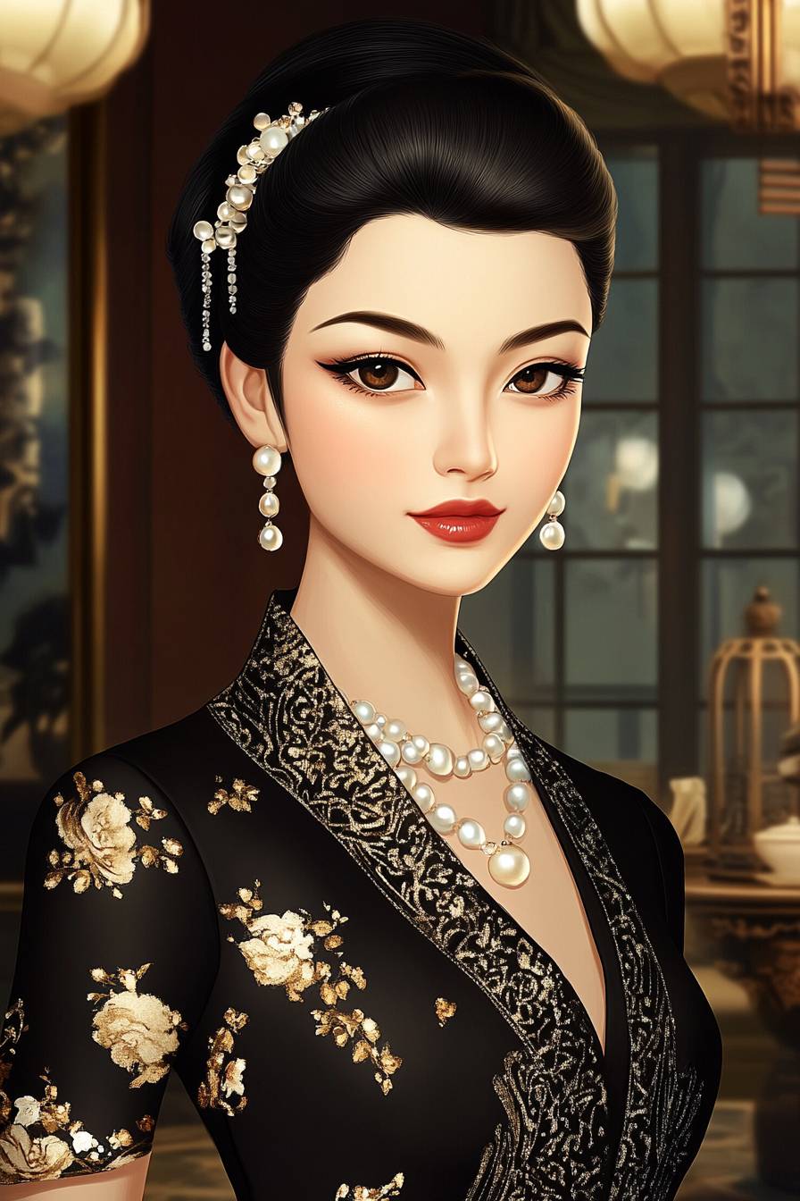 A girl in Zhang Ziyi style, wearing a modern Chinese designer outfit with pearl accessories and an elegant updo in a tea house.