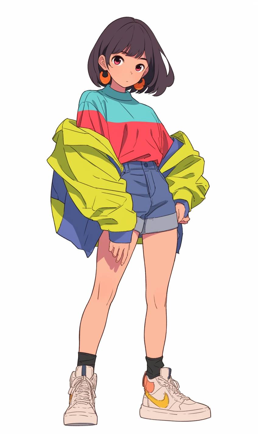 Ein funky Cartoon-Mädchen trägt einen neonfarbigen Oversized-Pullover, hochgeschnittene Jeansshorts und sportliche Sneakers.