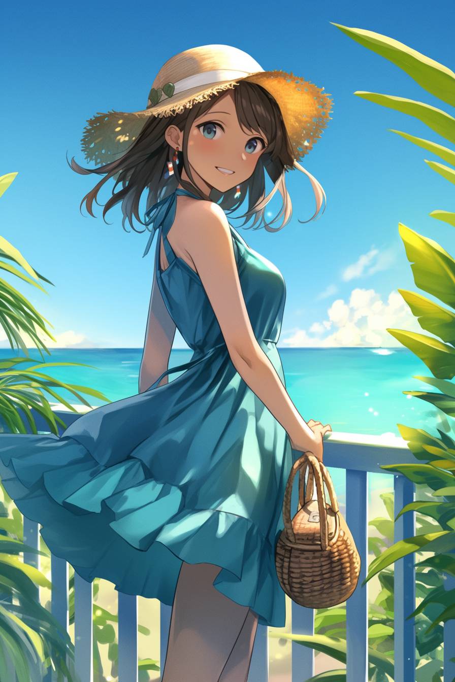 Menina de anime tropical em vestido halter, chapéu de sol e bolsa trançada na praia, mostrando moda de férias.