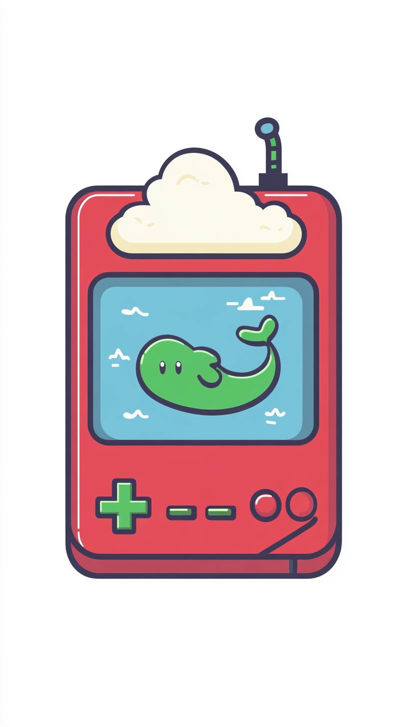 レトロなビデオゲームを描いたかわいいカートゥーン、画面には小さな緑のクジラがいる。