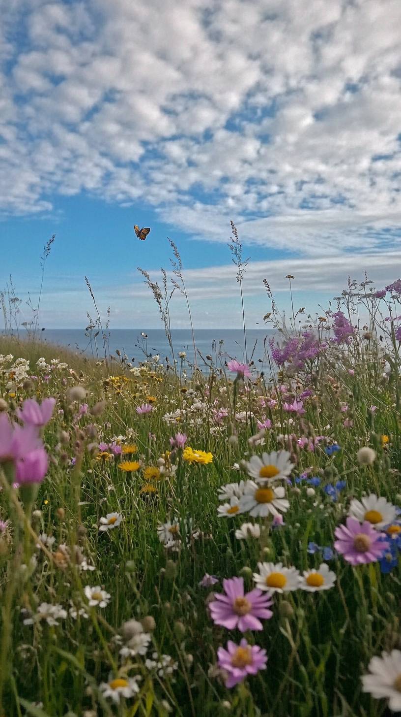 Seaside wildflower meadow with ocean breeze and butterfly silhouettes in soft focus.