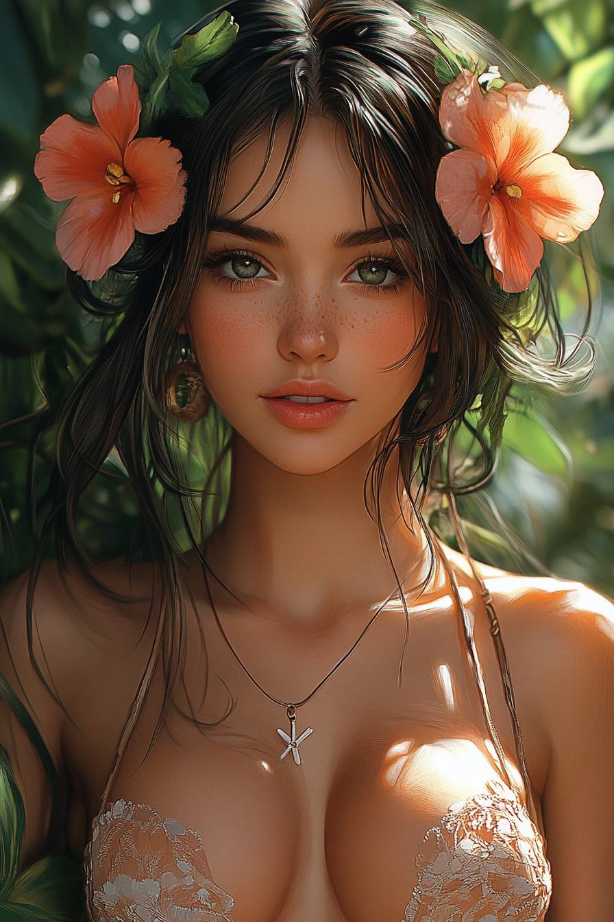 Garota de anime, visual de férias de verão, vestido de praia estiloso, rosto fotorrealista, chapéu detalhado, sardas sutis na pele dourada pelo sol, sandálias elegantes, flores tropicais, iluminação suave e natural