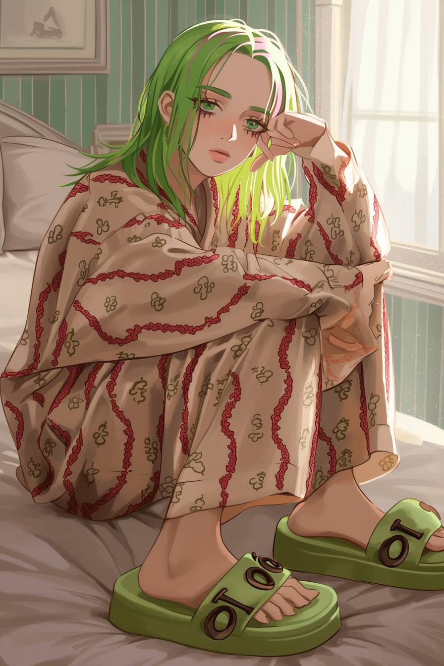 Uma garota vestindo pijama oversized com logo da Gucci e chinelos de plataforma, com mechas verdes e decoração de quarto alternativa.