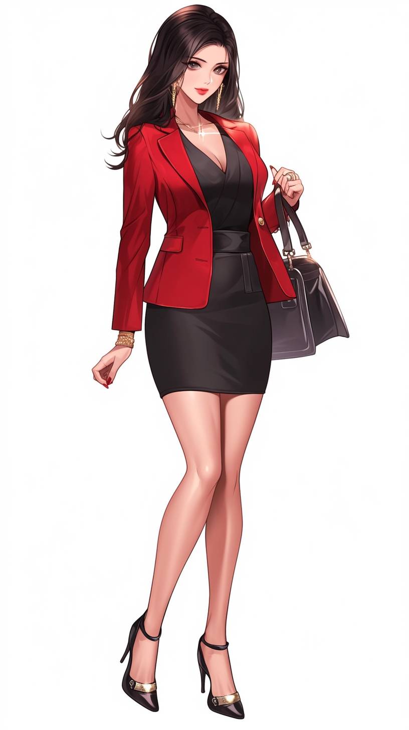 Una chica de anime con un atrevido blazer rojo, una elegante falda lápiz negra y tacones de punta, inspirada en Michelle Obama, se adorna con joyas doradas y un simple bolso negro para un look empoderado y pulido.