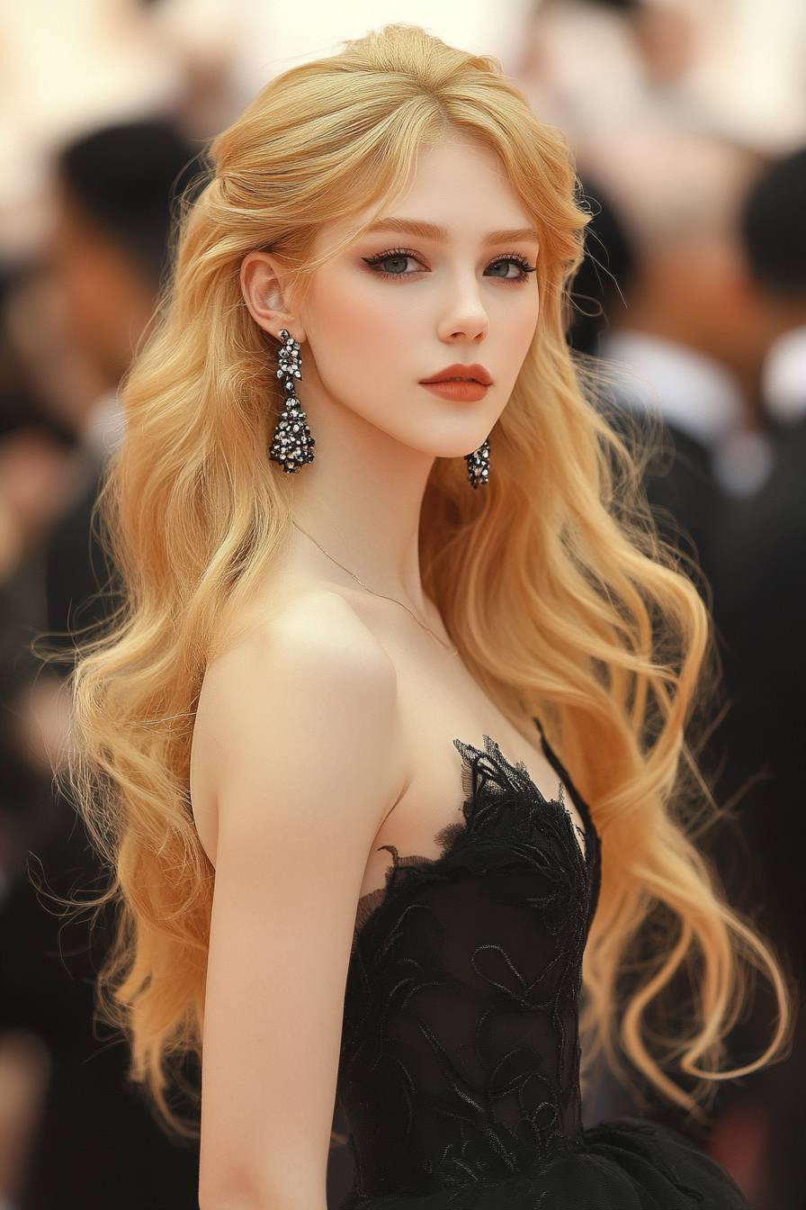 Una chica rubia con un vestido de Carolina Herrera y pendientes llamativos, en un fondo de Met Gala.