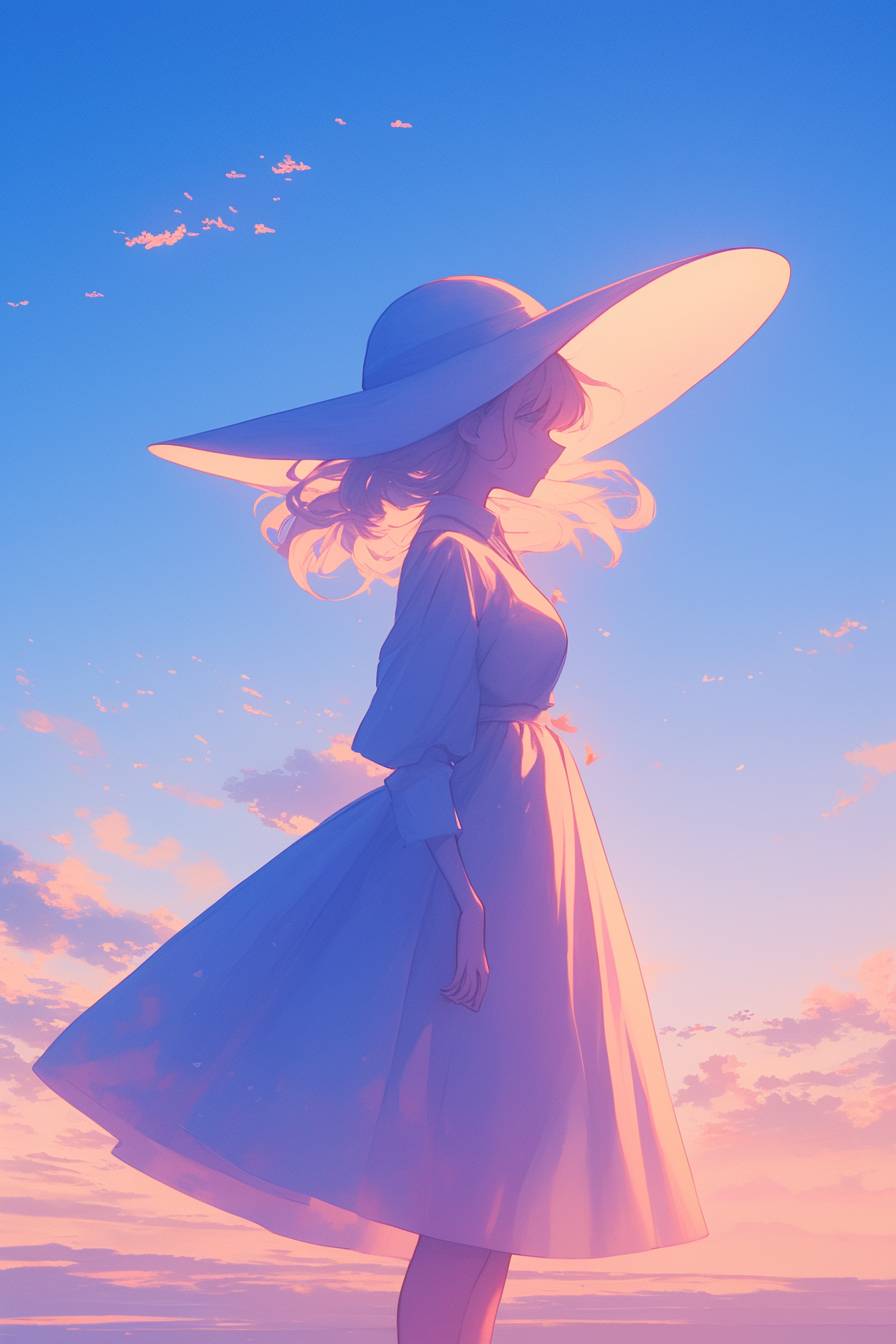 Diseño de anime minimalista, chica con un sombrero grande, cielo en gradiente pastel.