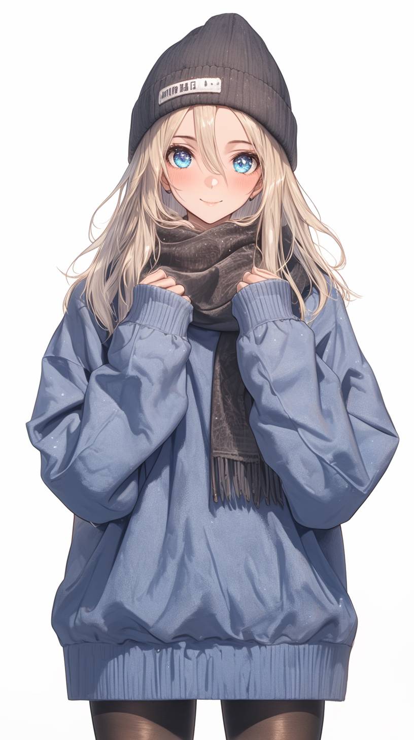 Finnish anime girl in Helsinki winter style, wearing an oversized wool sweater and a plaid scarf.