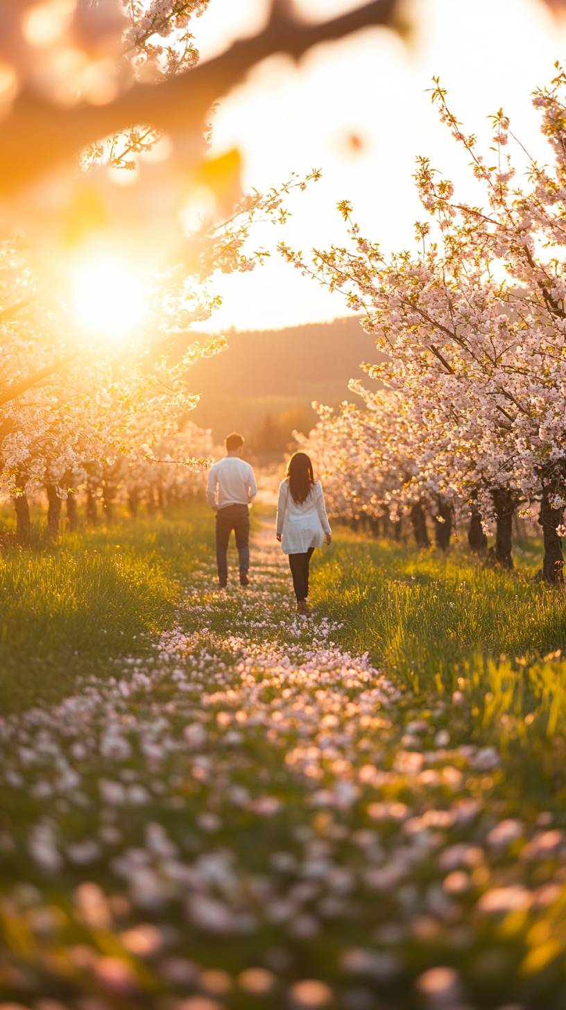 Cerezos en plena floración, pétalos rosados en el suelo, creando una atmósfera de primavera soñadora con la luz de la mañana.