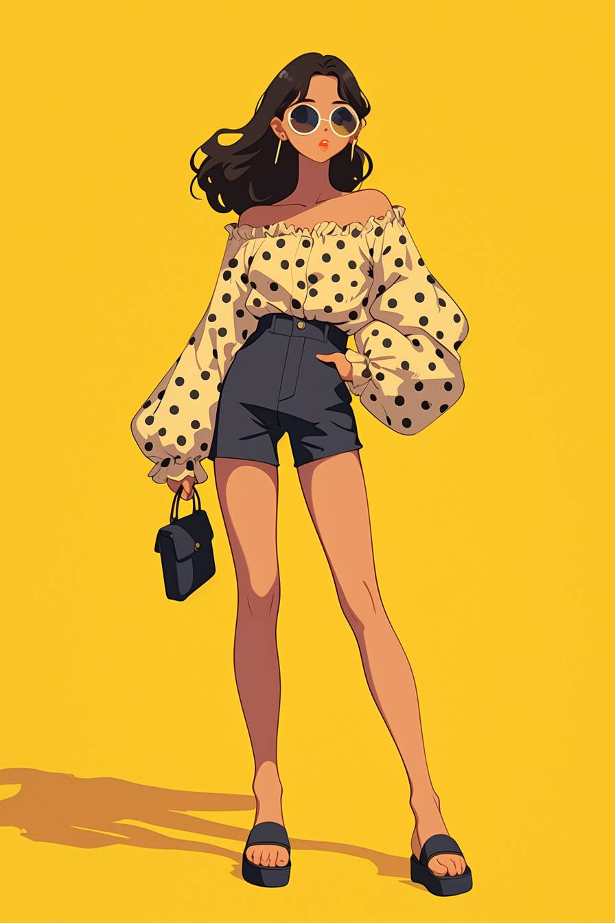 A cartoon girl wears a polka-dot blouse tucked into high-waisted shorts, with a stylish handbag and casual slip-on shoes.