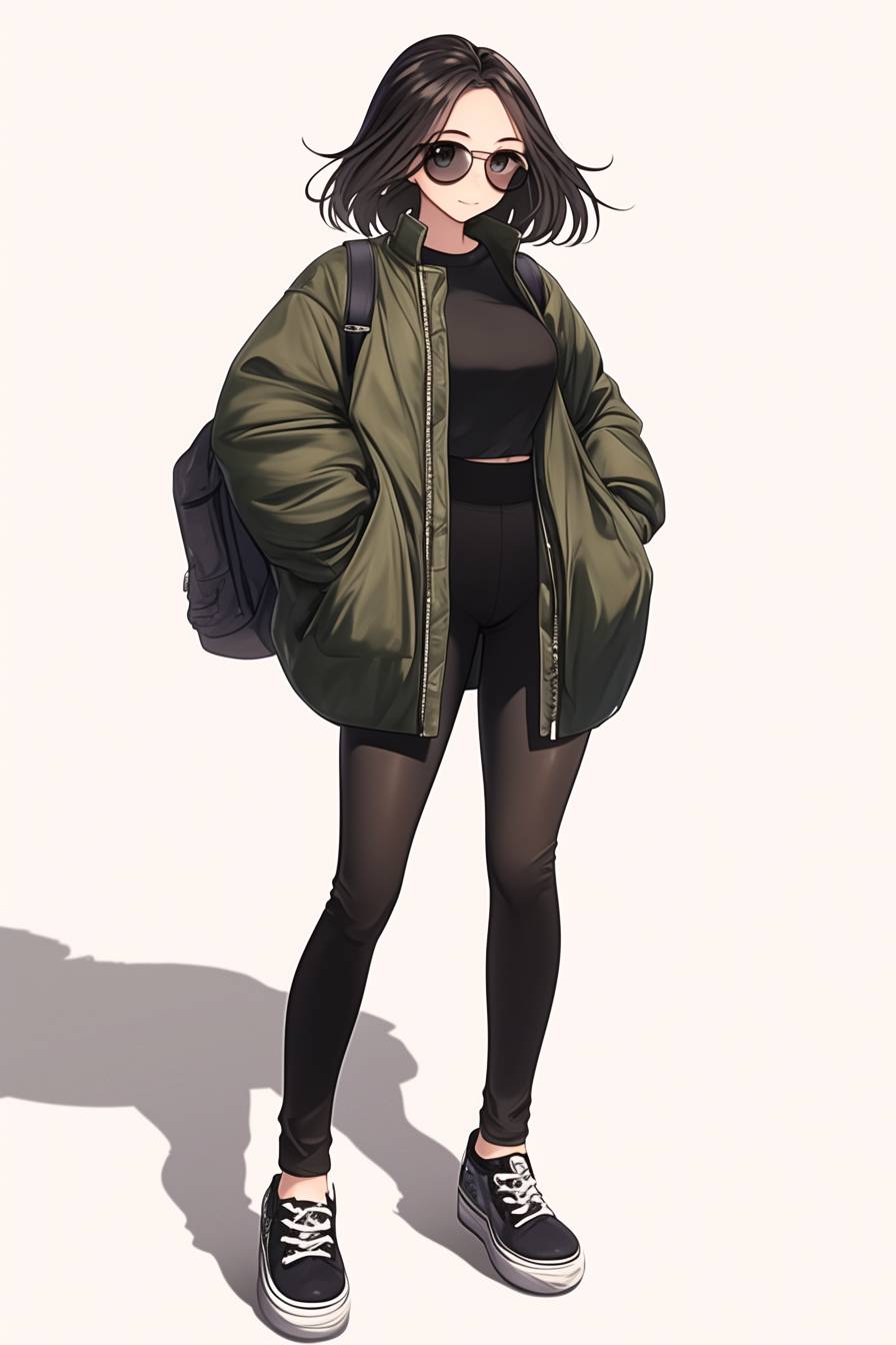 Ein CG-realistische Anime-Mädchen trägt eine dunkelgrüne Bomberjacke, schwarze Leggings und hohe Sneaker, accessorized mit einem minimalistischen schwarzen Rucksack und Piloten-Sonnenbrille, die einen coolen urbanen Look präsentiert.