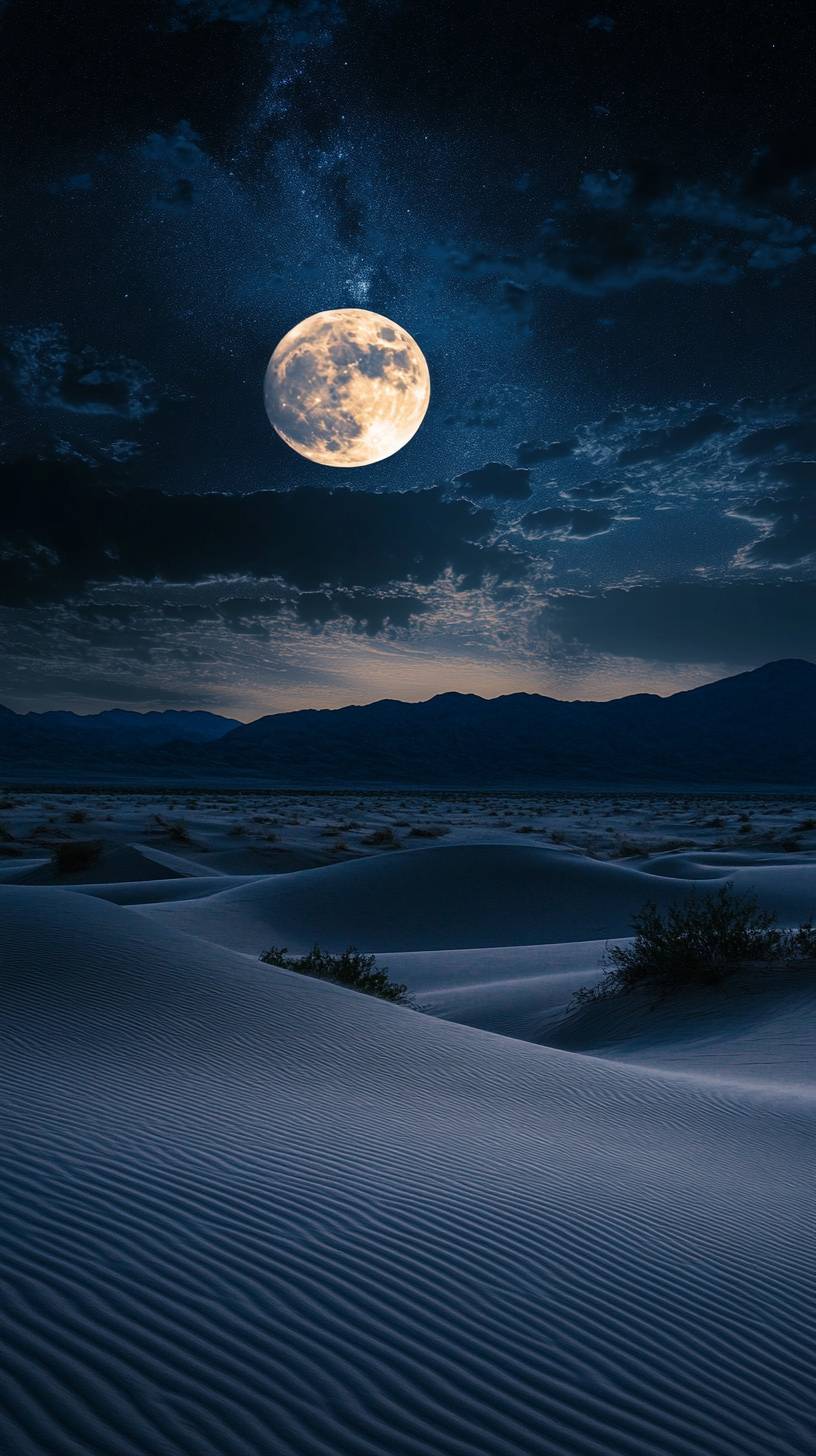 Scène nocturne du désert, pleine lune brillante, dunes de sable, atmosphère éthérée.