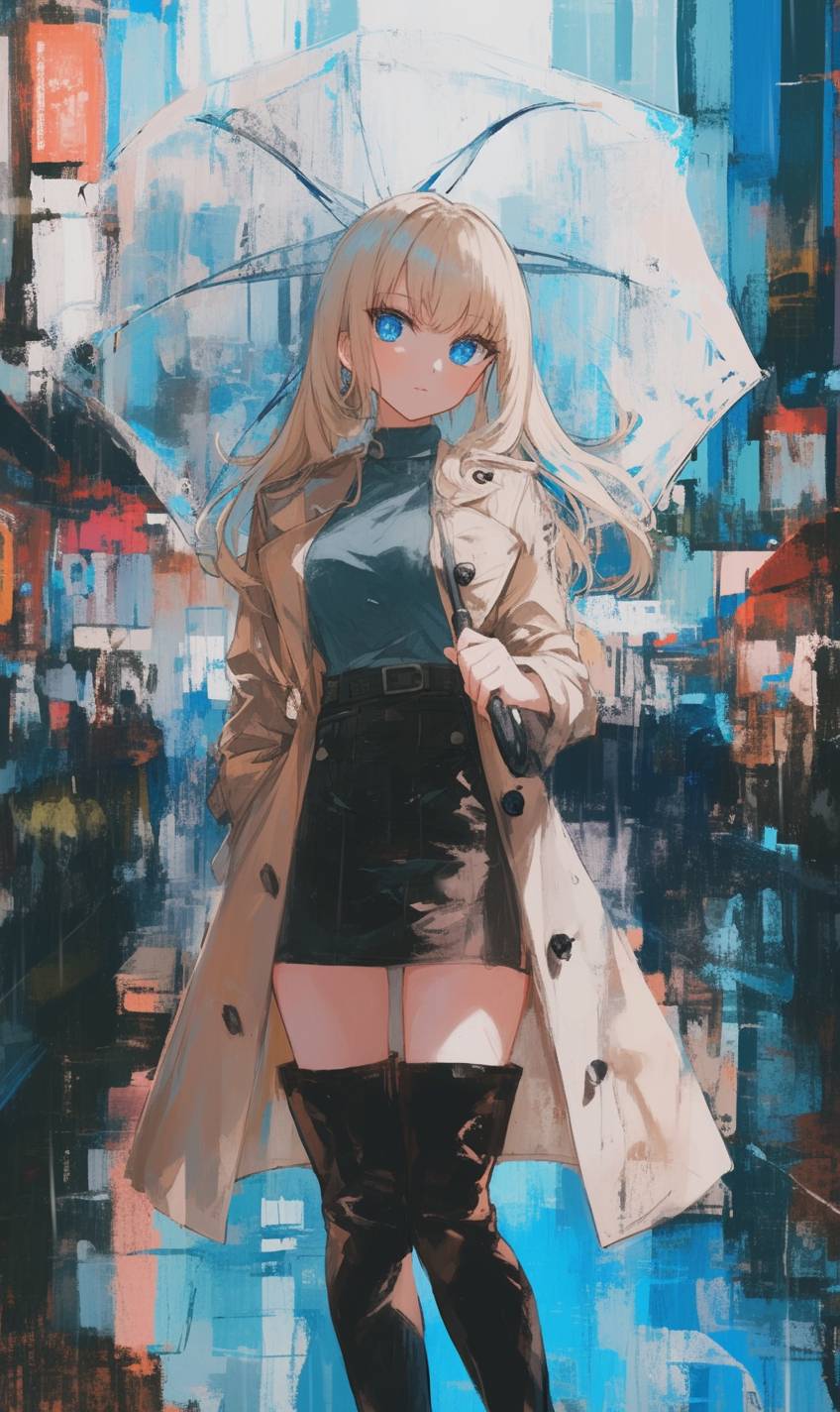 Rainy day anime girl with transparent umbrella, rain boots, trench coat, wet street background, rainy fashion