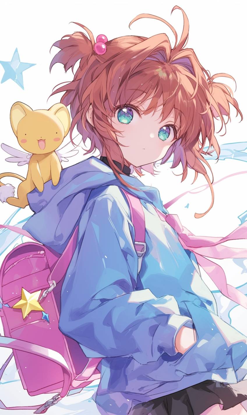 Sakura Kinomoto from Cardcaptor Sakura in a pink hoodie, denim shorts, and white sneakers, holding a magic wand while walking down a school corridor.