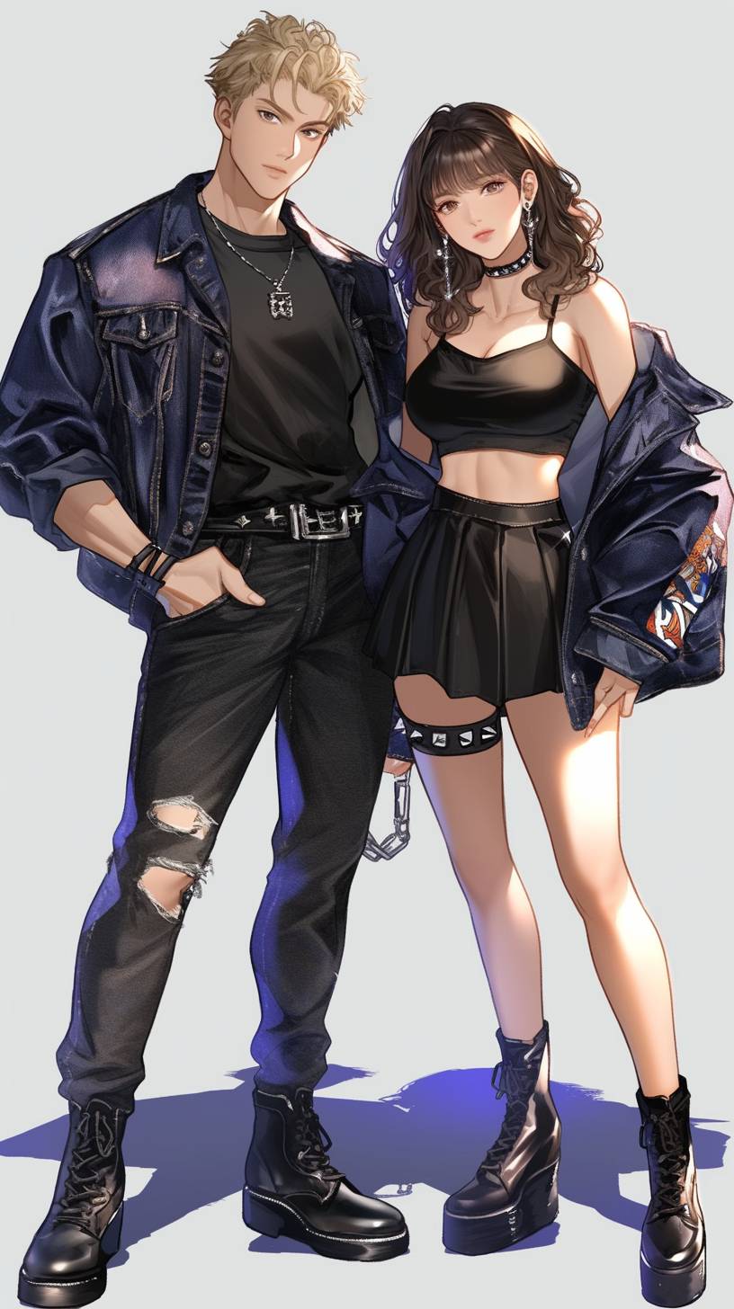 A cartoon couple in rock-inspired outfits heads to a concert.