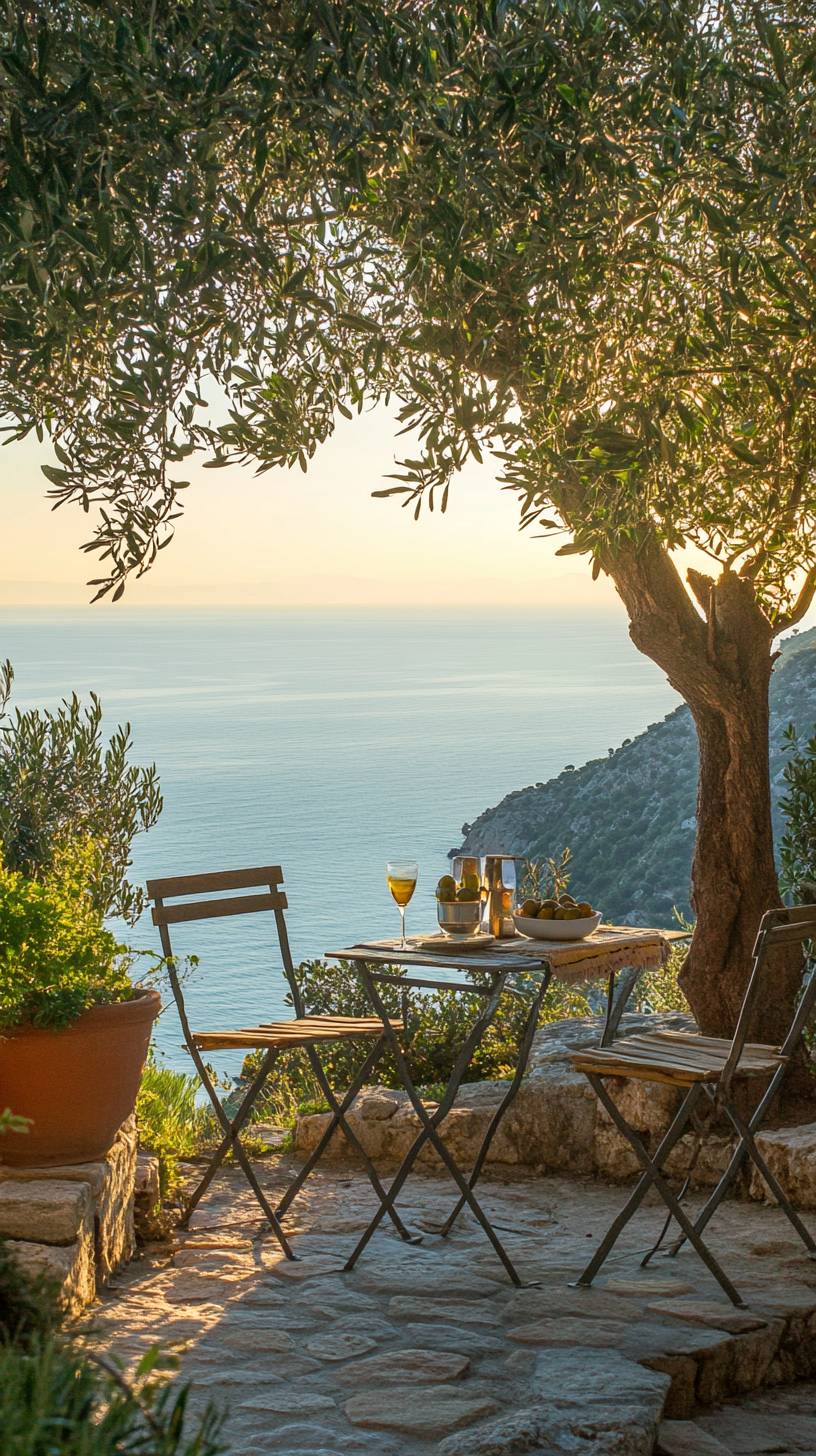 Terraço de antigo olival com vista para o mar Mediterrâneo ao pôr do sol.