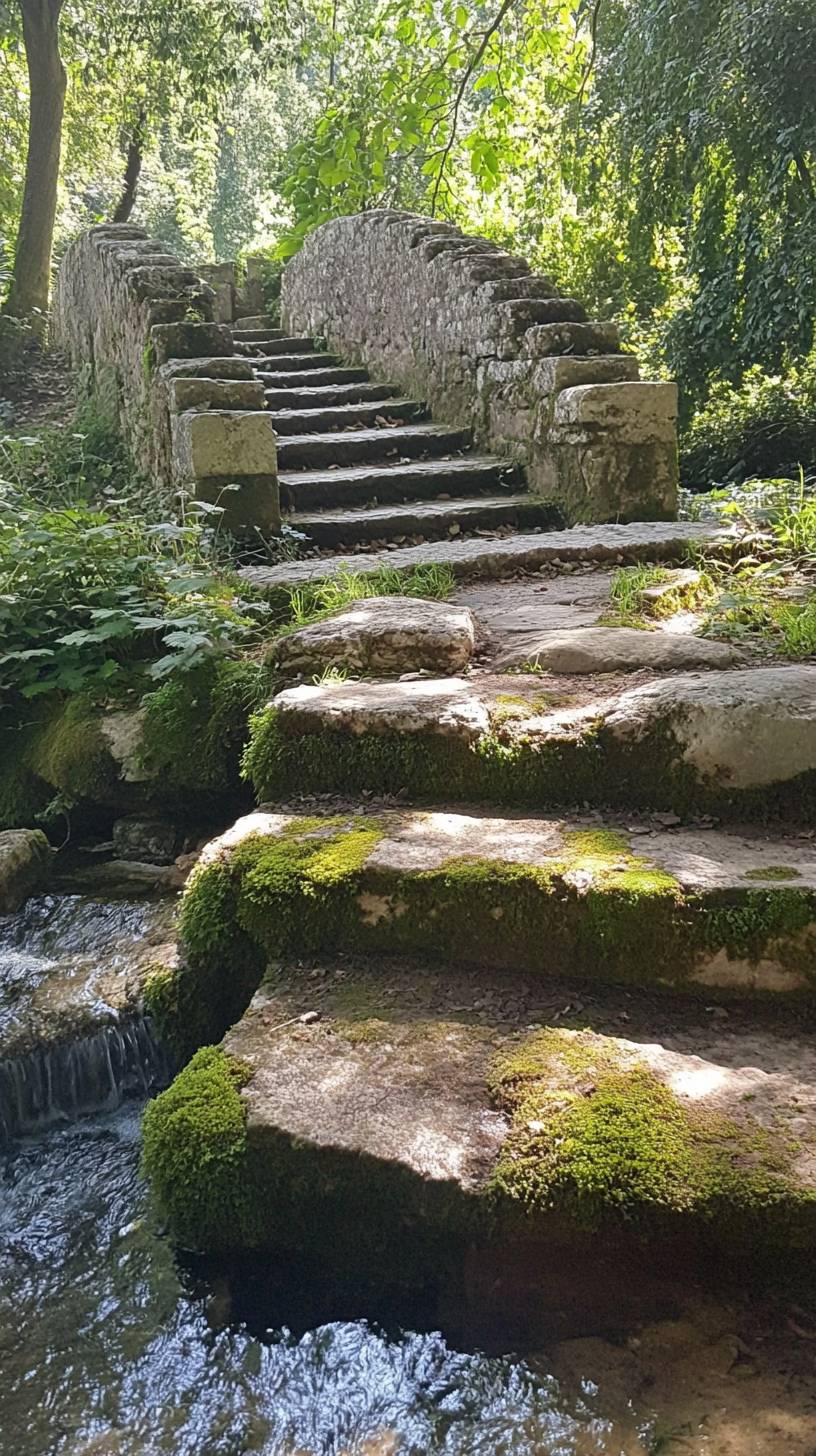 An ancient stone bridge over a gentle stream with moss-covered rocks shows timeless beauty.